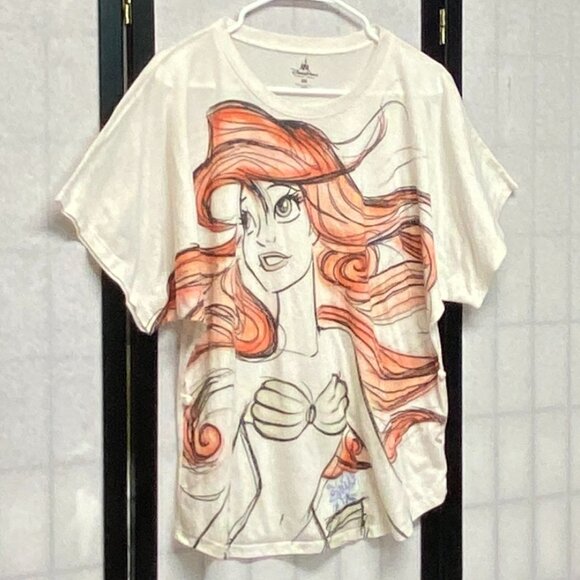 Disney Parks Princess Signed Short Sleeve Ariel Linen Blend Tee Cream Natural - Picture 3 of 13
